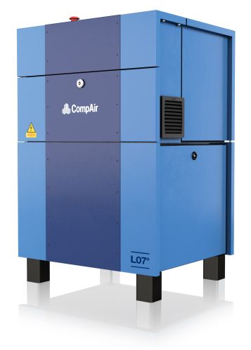 Blue and black CampAir L07 air compressor with vent and warning label.