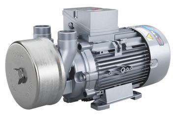 Stainless steel centrifugal water pump, silver and grey, with inlets and electrical housing.