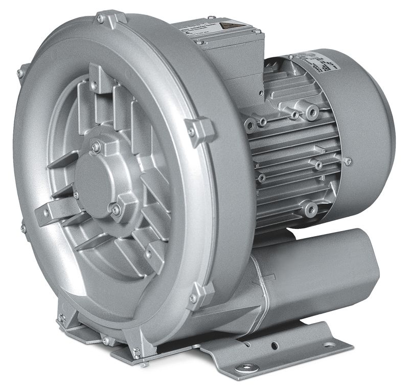 Grey centrifugal blower with motor attached, used for air movement.