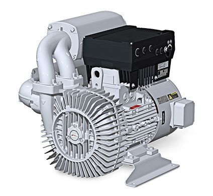 Grey industrial vacuum pump with a black control box and ribbed casing.