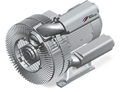 Grey centrifugal compressor with a ribbed body and fan-like blades.