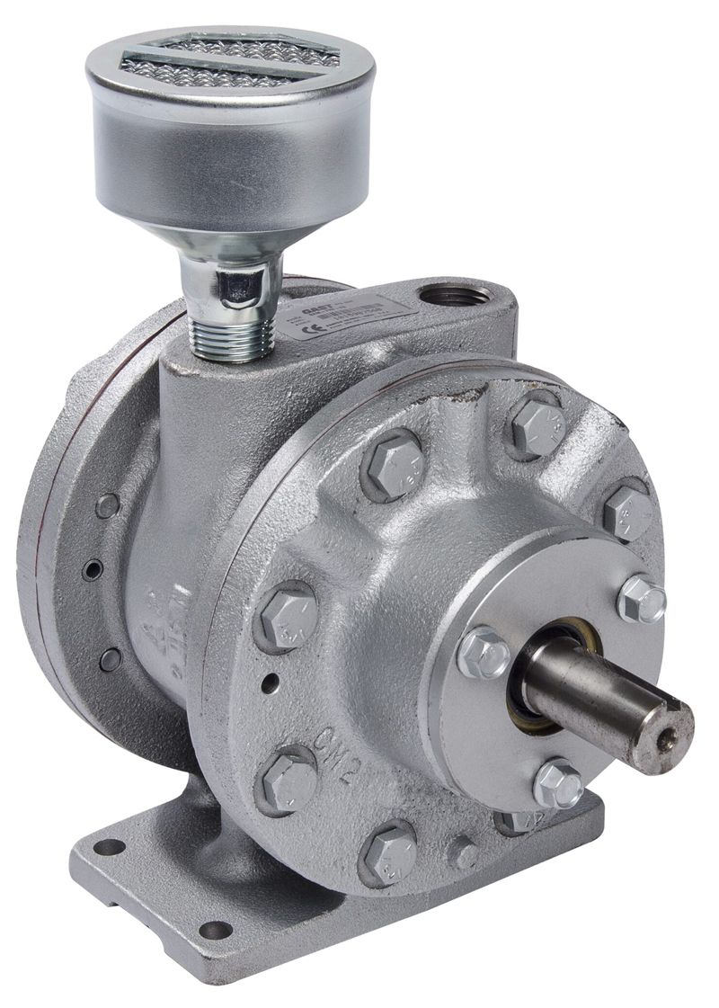 Grey rotary pump with a bolted casing, oil cup on top, and shaft extending from the front.