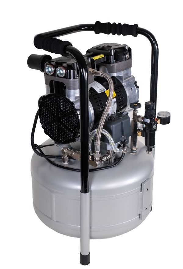 Silver portable Jun-Air air compressor with black frame and handle.