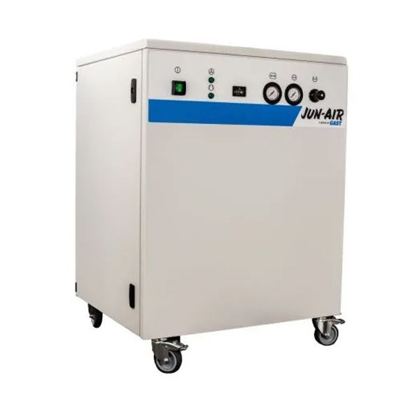 White industrial air compressor unit on wheels with blue stripe and control panel
