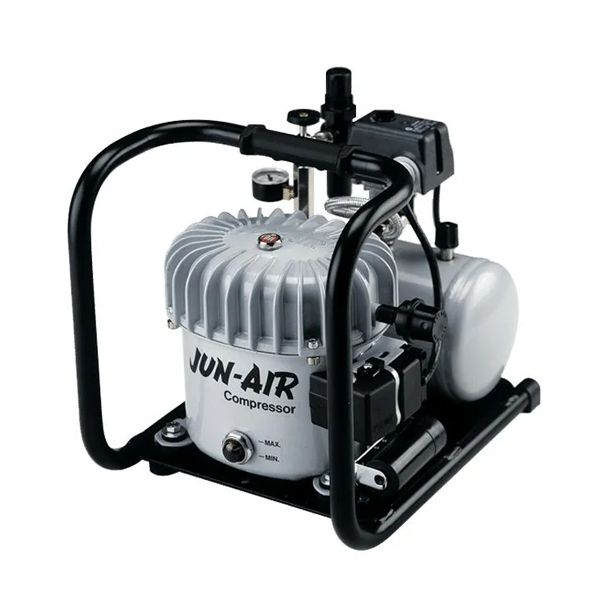 Black portable Jun-Air air compressor with gray tank and handles on a white background