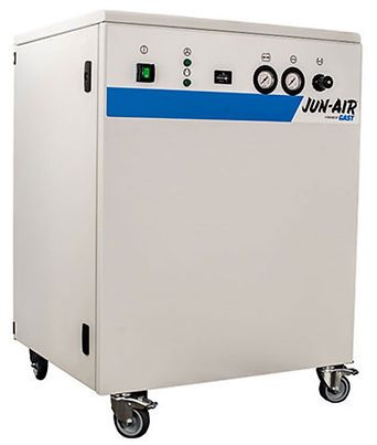 A white and blue air compressor with wheels on a white background.