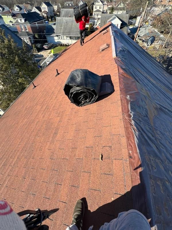 Brown roof tiles with a brown gutter on a red building.