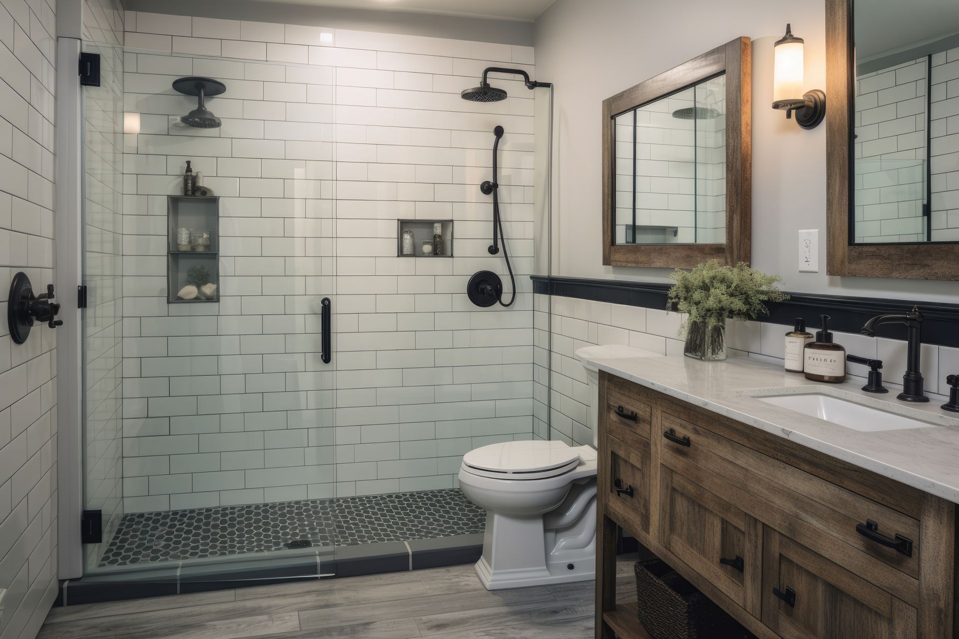 Salle de bains avec douche carrelée de carreaux de métro blancs, sol en galets, meuble-lavabo en bois et grand miroir.