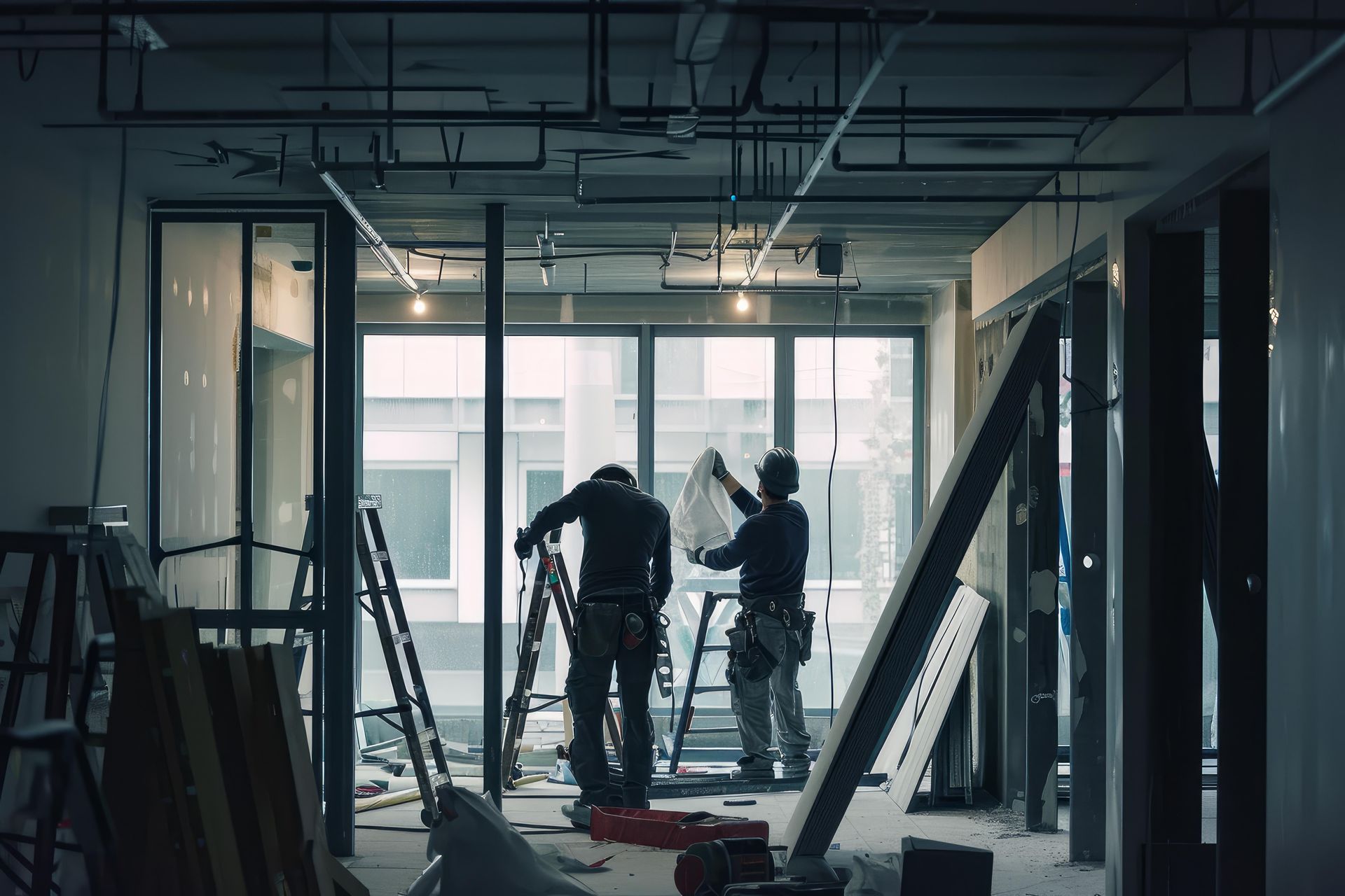Deux ouvriers du bâtiment travaillent à l'intérieur d'un immeuble, sur une fenêtre ou un mur ; divers outils sont éparpillés autour d'eux.