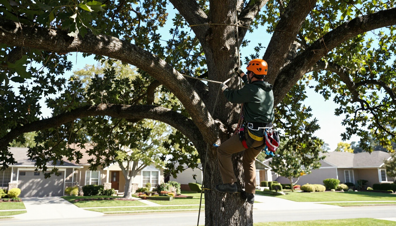 Professional arborist performing expert tree care services in a residential yard.