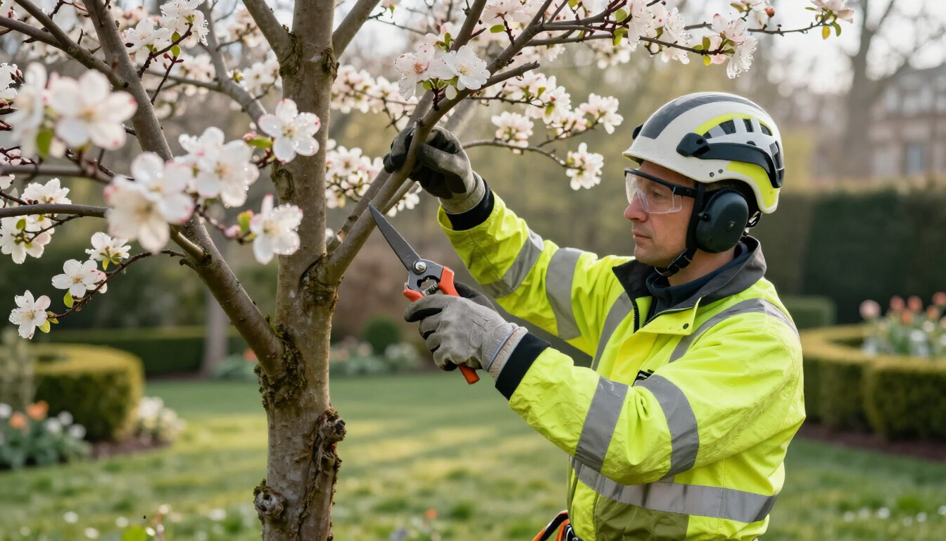 Professional tree pruning in action