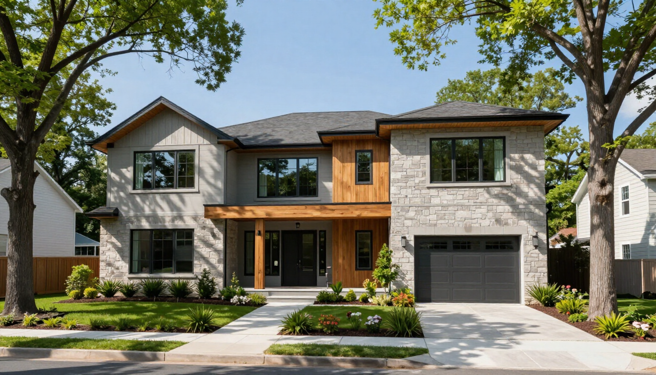 photorealistic modern charlotte home with large trees in the front yard well maintained landscape bright daylight