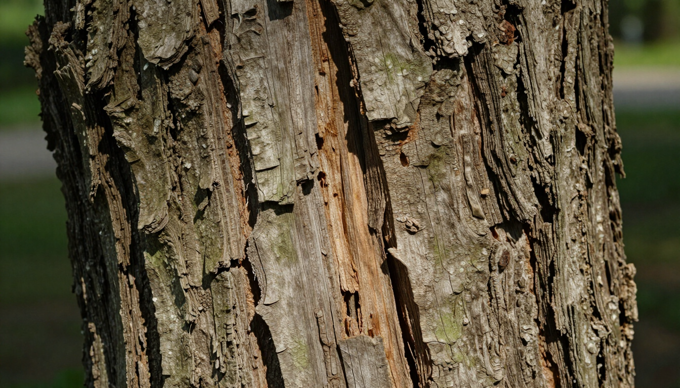 photorealistic close up of cracked tree bark showing signs of internal decay and damage natural outdoor lighting