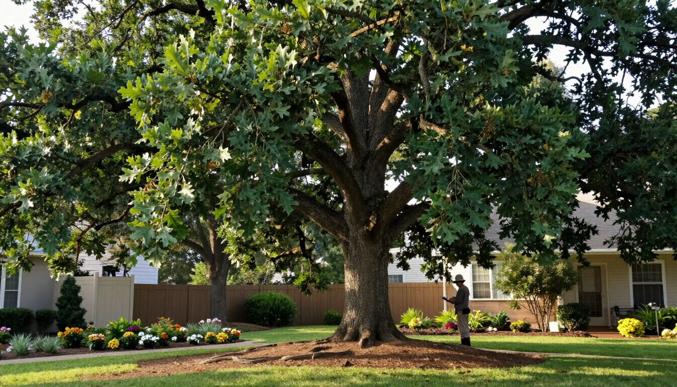 A professional arborist inspecting a large tree for structural integrity.