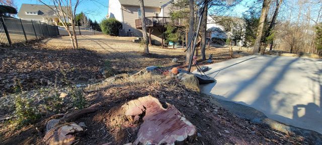 A sunny residential landscape with a gravel driveway, trees, and houses.