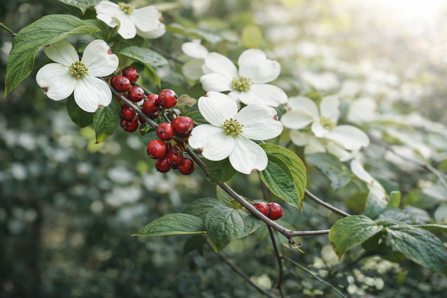 White dogwood flowers and red berries on a branch with green leaves, soft focus.