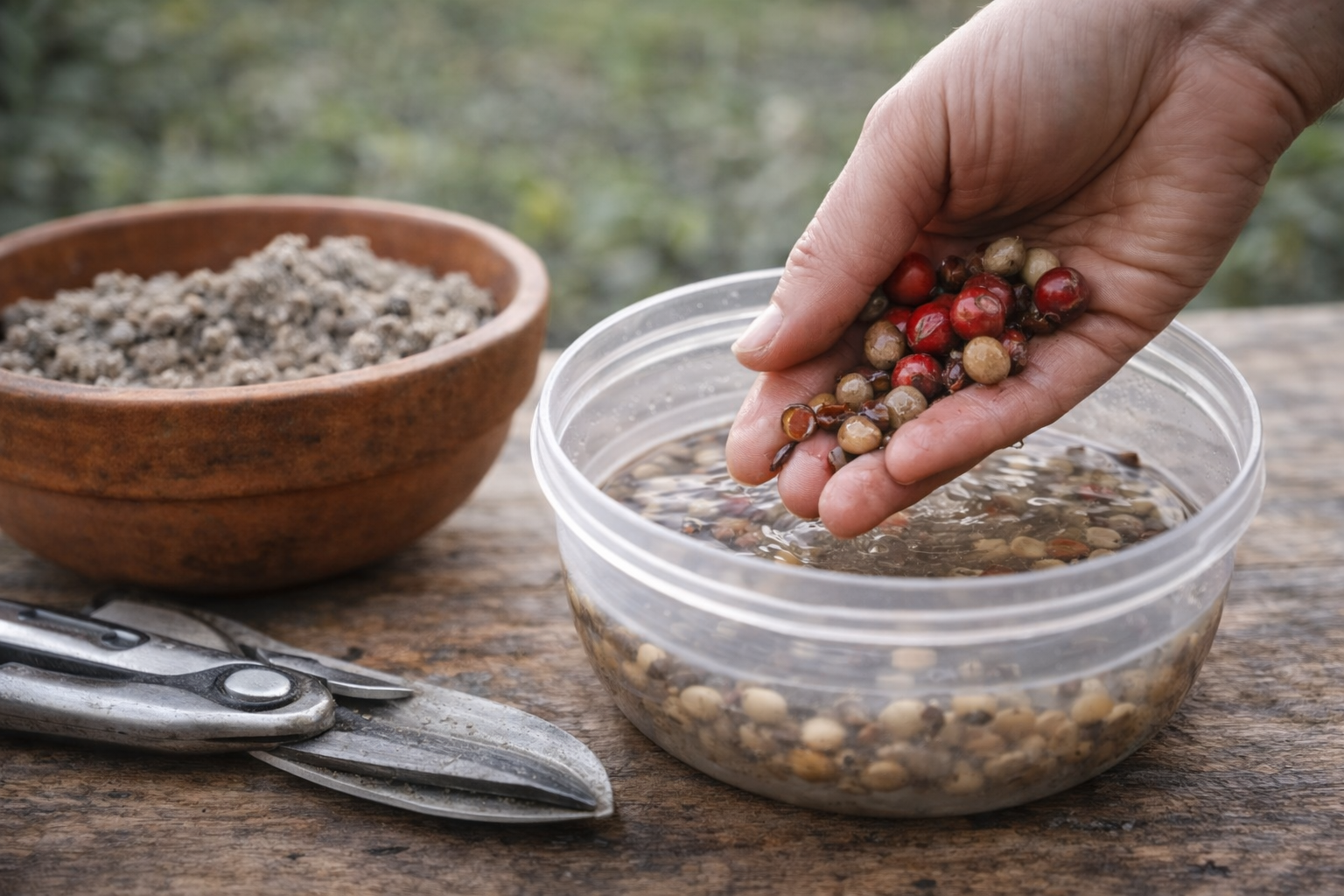 Hand holding colorful berries over a bowl of water, next to a bowl of sand and pruning shears.