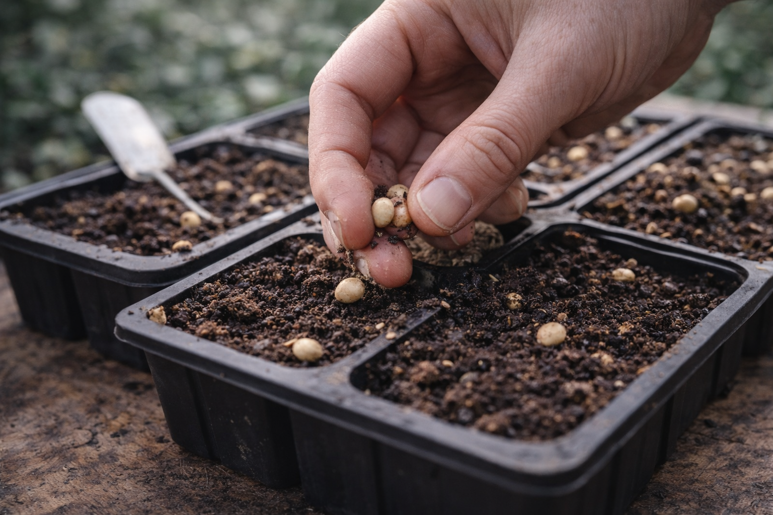 Hand planting seeds into individual compartments of a black tray filled with soil.