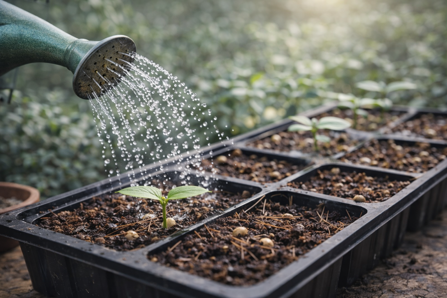 Watering small seedlings in a black tray with a green watering can, outdoors.