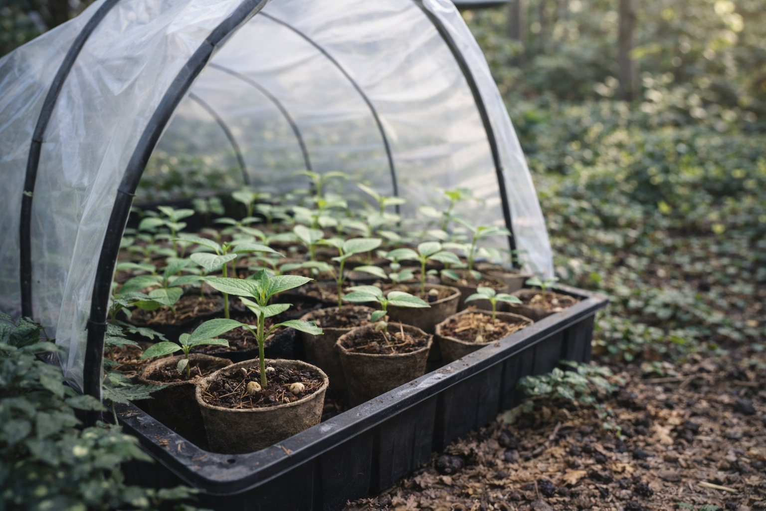 Seedlings in pots inside a small, clear plastic greenhouse in a forest setting.