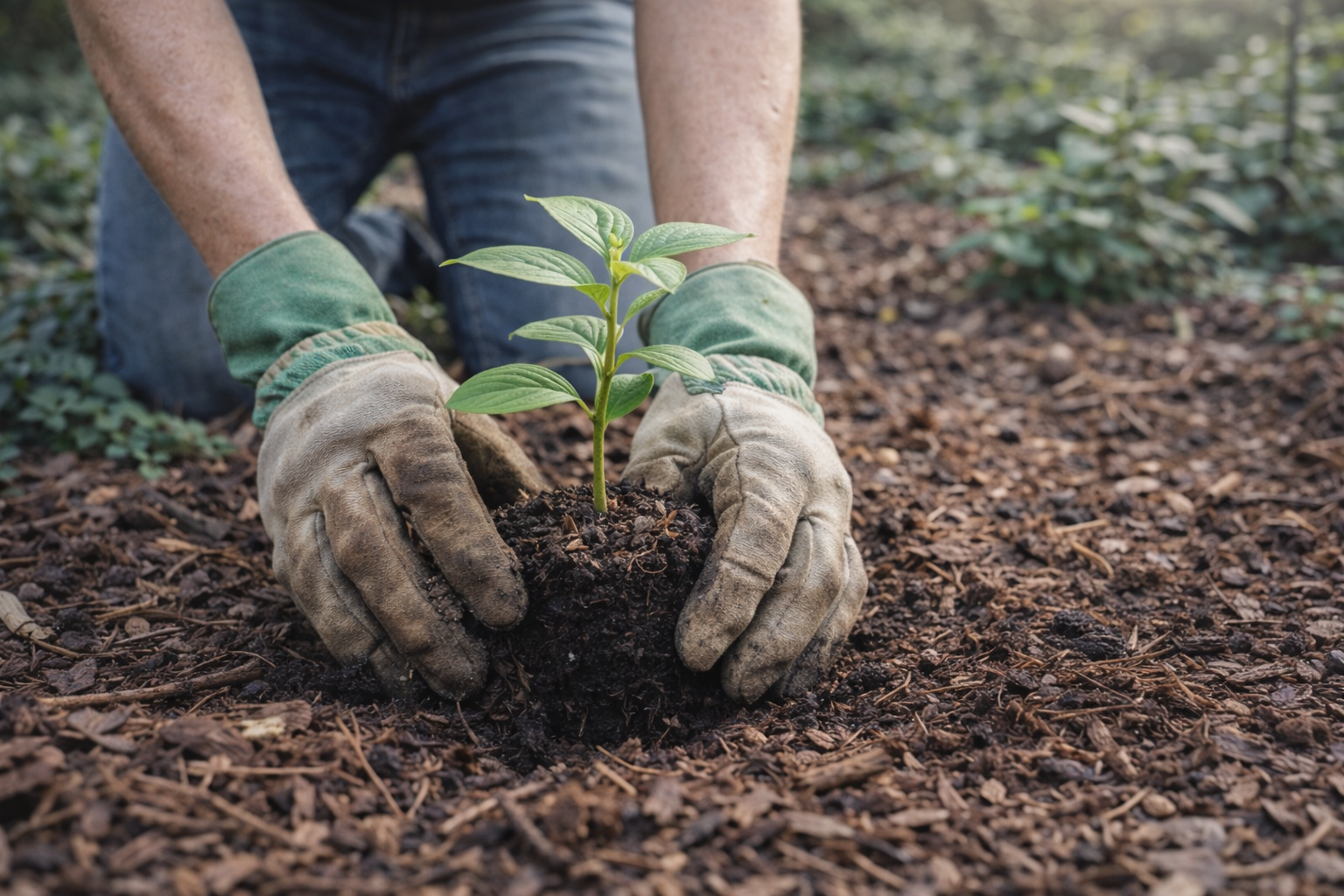 Person wearing gloves planting a seedling in dark soil.