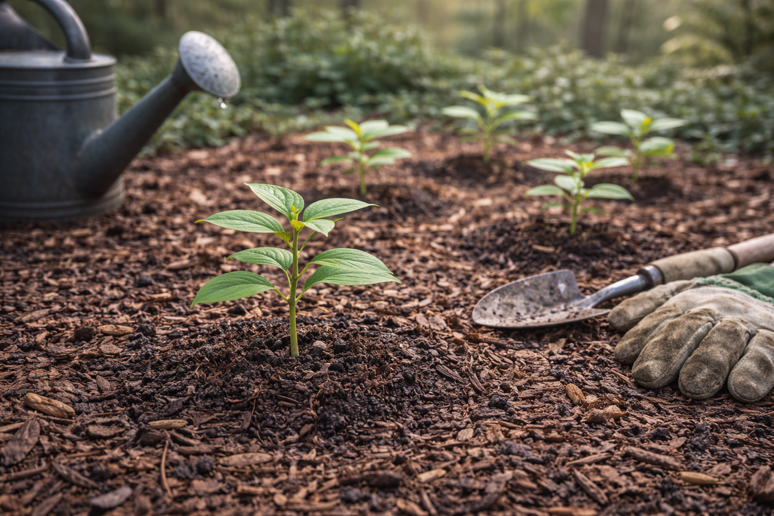 Seedlings planted in soil, watering can, gardening trowel, and gloved hand.