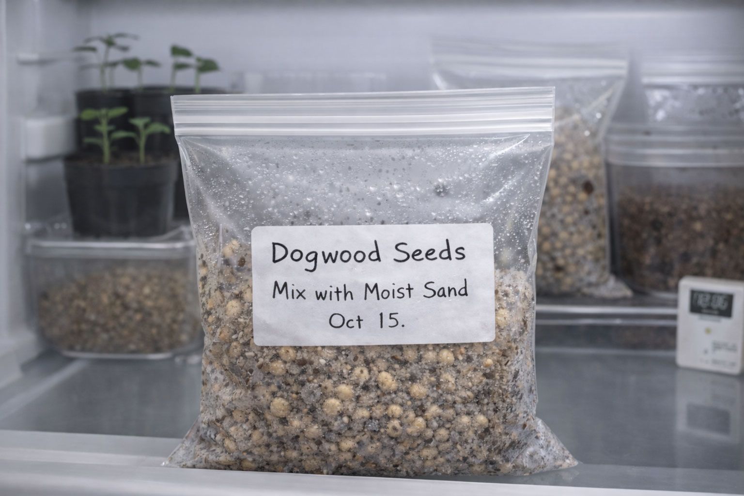 Dogwood seeds in a zip bag labeled