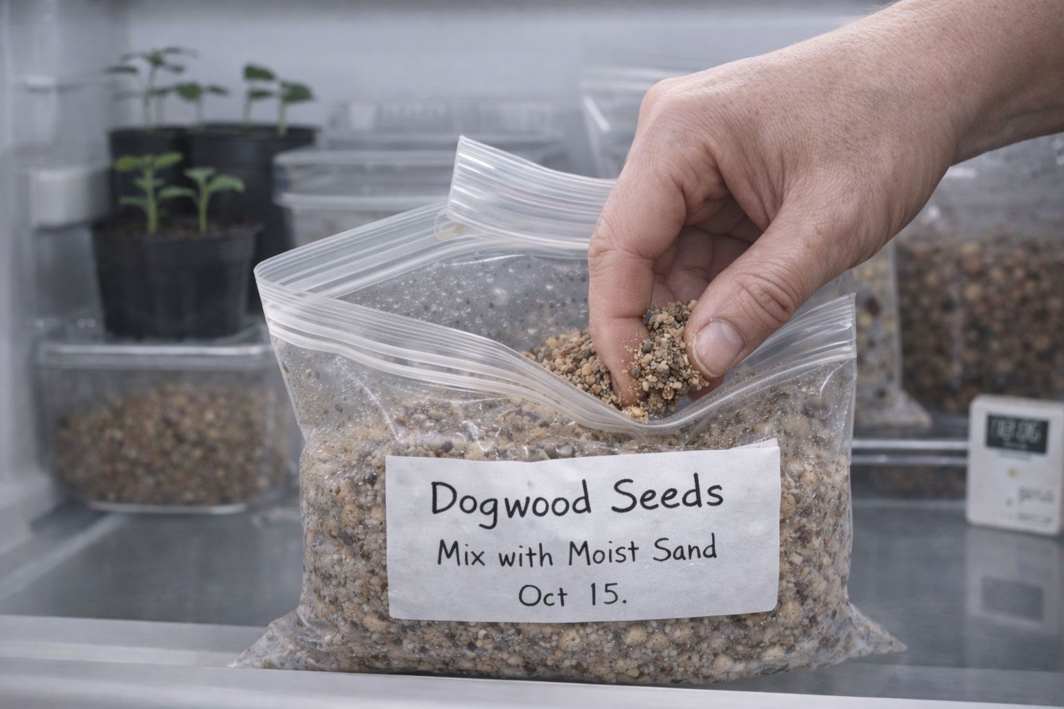 Hand adding seeds to a bag labeled