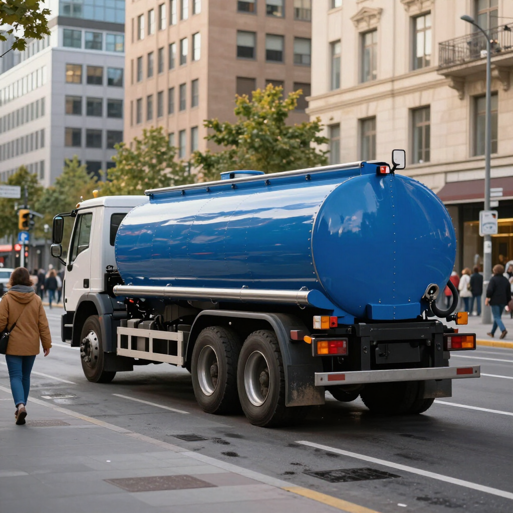 Un camión cisterna azul circulando por una calle de la ciudad junto a peatones y edificios