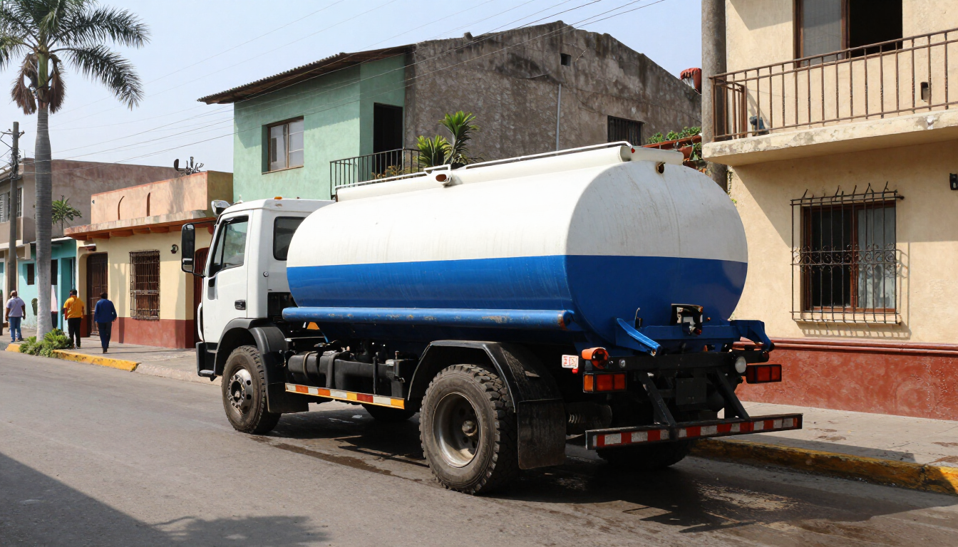 Camión cisterna azul y blanco estacionado en una calle soleada junto a edificios de tonos pastel