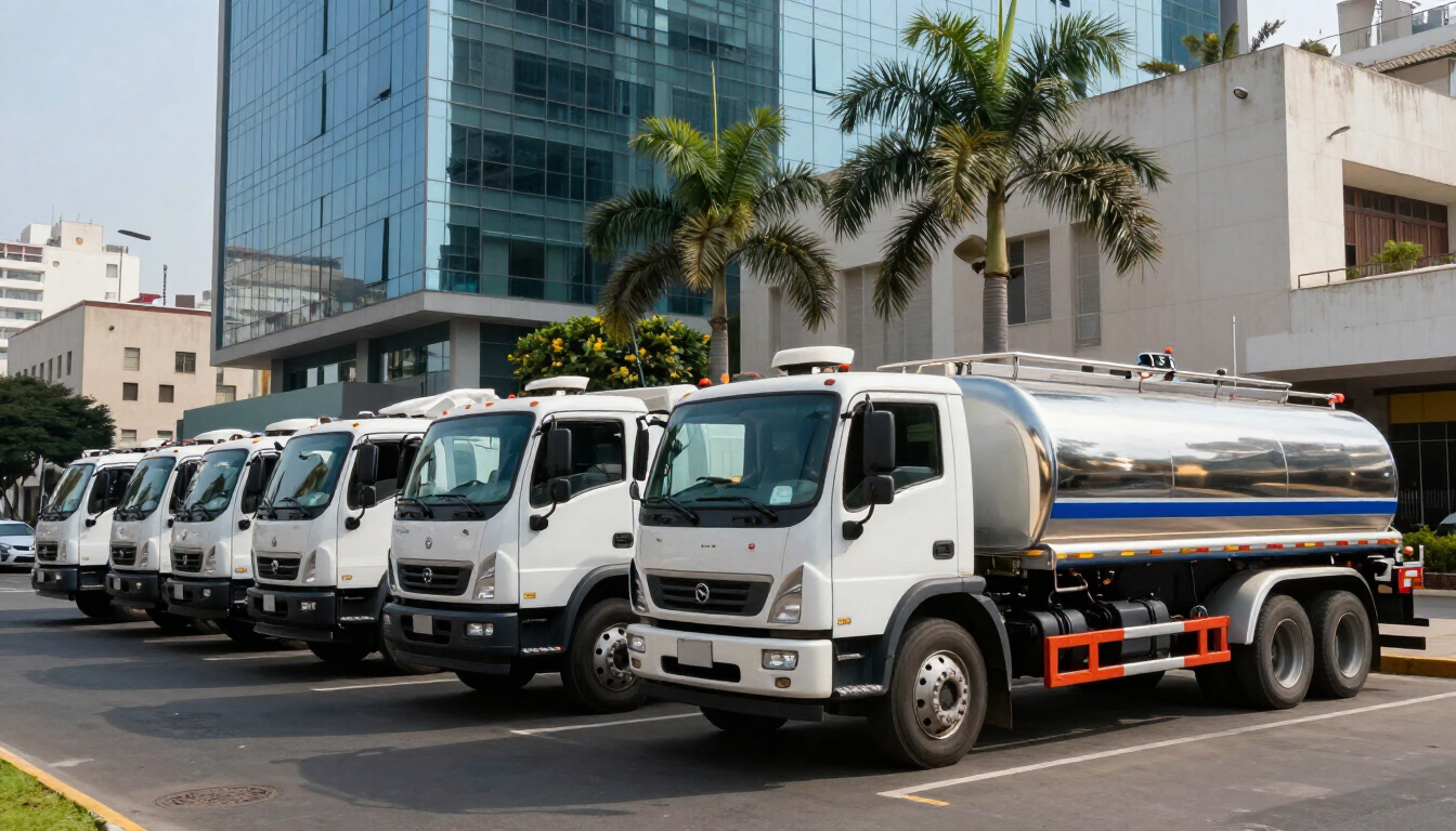 Fila de camiones cisterna blancos estacionados a lo largo de una calle, junto a modernos edificios de oficinas