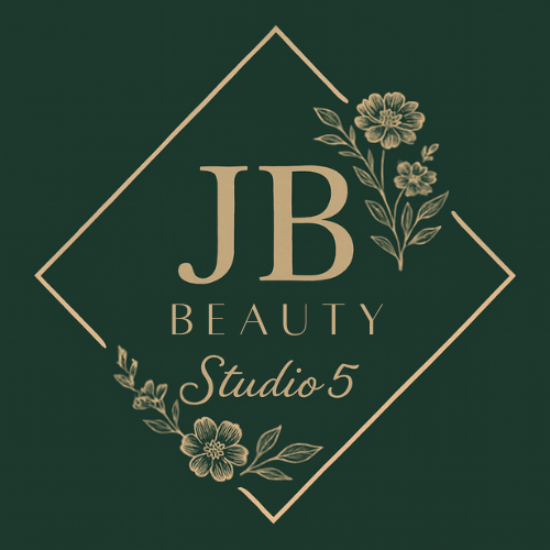 Logo for JB Beauty Studio 5: gold diamond frame, dark green background, floral accents, and text