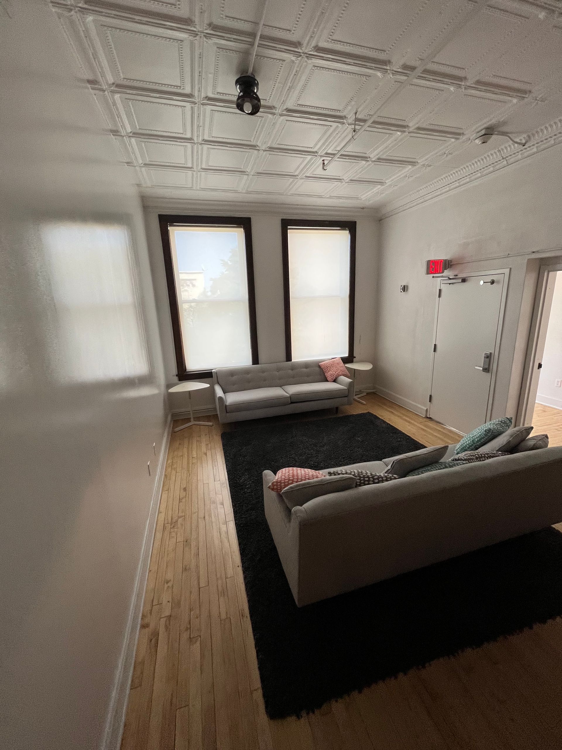 Bright living room with two gray sofas, black rug, wooden floor, and large windows.