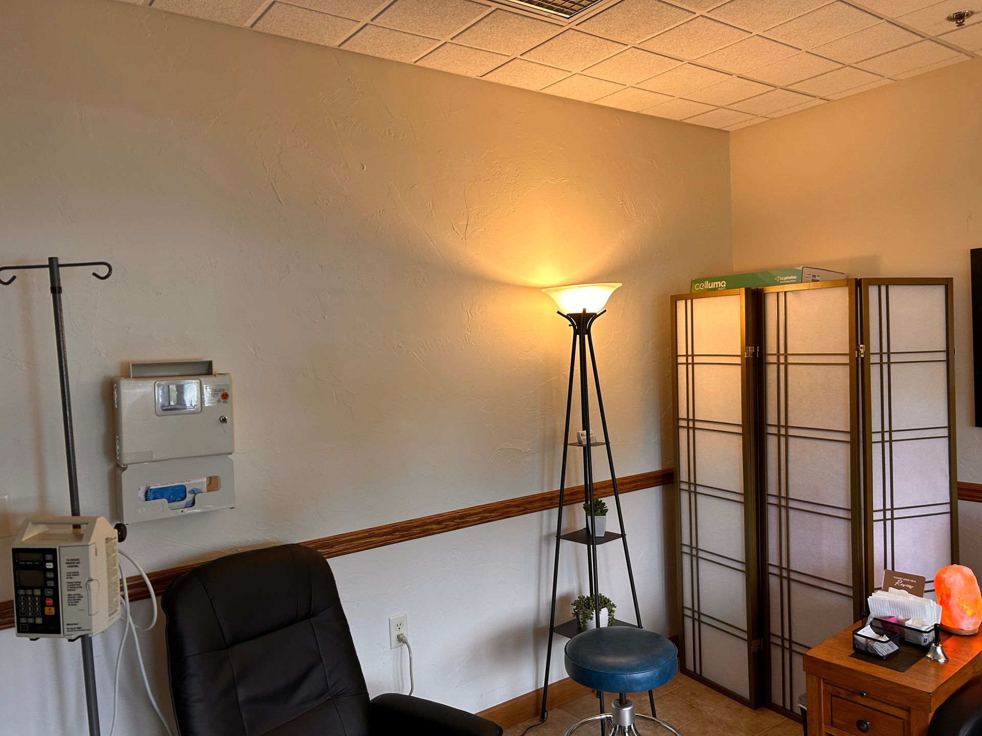 Small room with a lamp, folding screen, chairs, and a wall-mounted electrical panel.