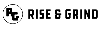 Black-and-white logo reading “RISE & GRIND” with a circular “RG” monogram icon.