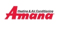 A red and white logo for a company called amana heating and air conditioning.