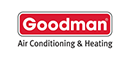 The logo for goodman air conditioning and heating is red and white.