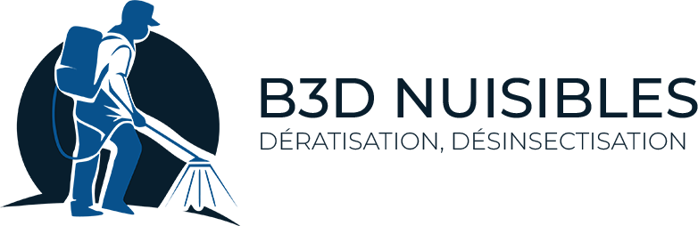 Logo de B3D Nuisibles représentant un technicien de la lutte antiparasitaire en bleu et le texte « Lutte contre les rongeurs, lutte contre les insectes »