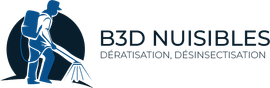 Logo for B3D Nuisibles featuring a person with a backpack sprayer inside a circle, text