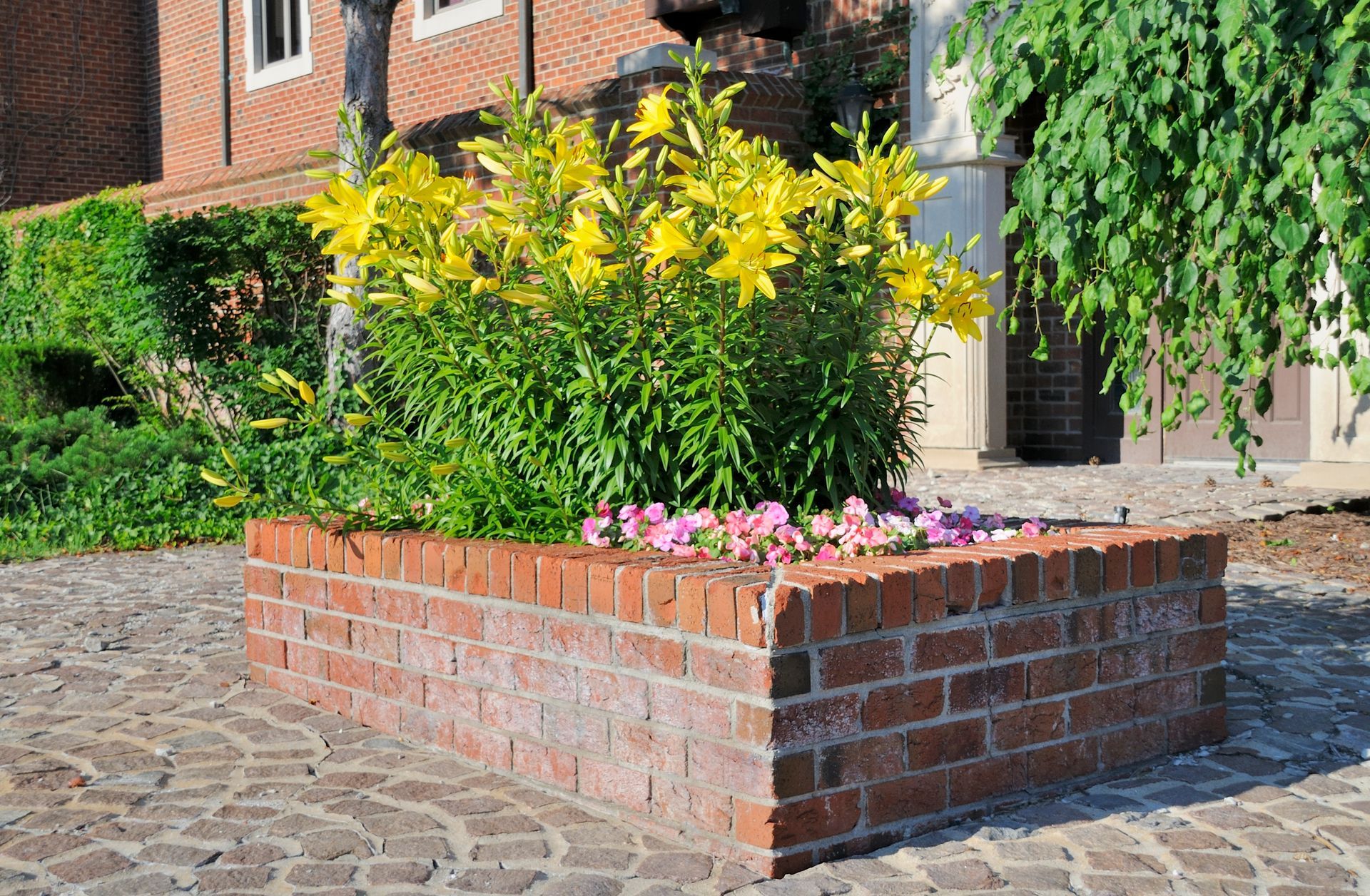 A brick planter with yellow and pink flowers in front of a brick building