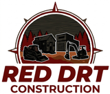 Red Drt Construction logo with maroon compass, cabin, excavator, and trees
