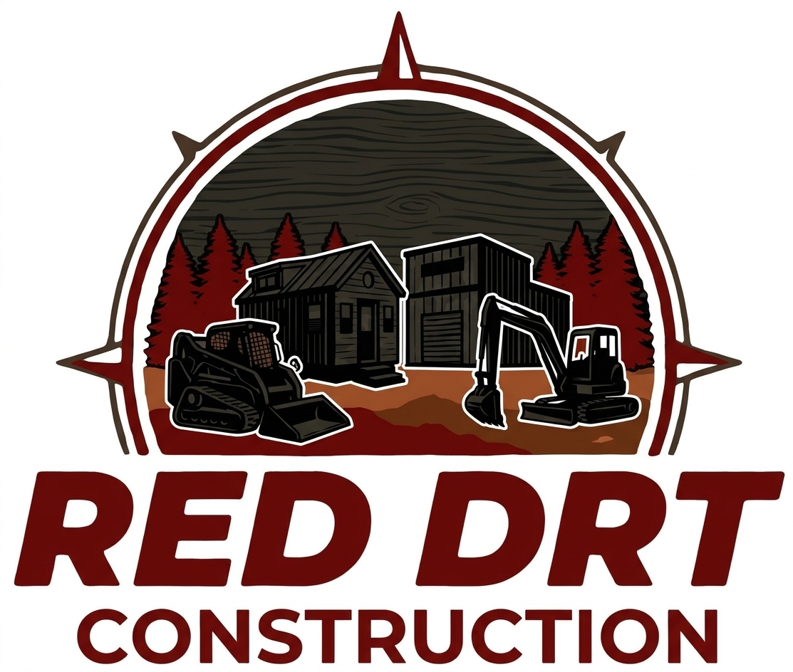 Red Drt Construction logo with maroon compass, cabin, excavator, and trees