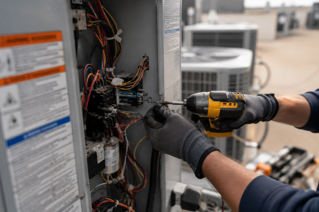 Technician using a drill to repair wiring inside an electrical panel
