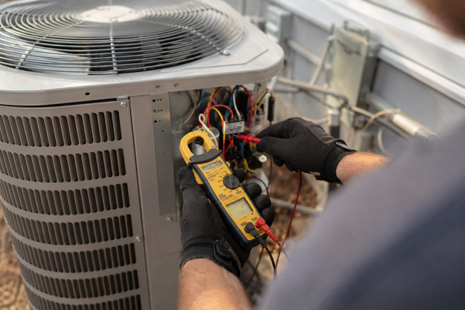 Technician testing wiring on an outdoor air conditioner unit with a multimeter