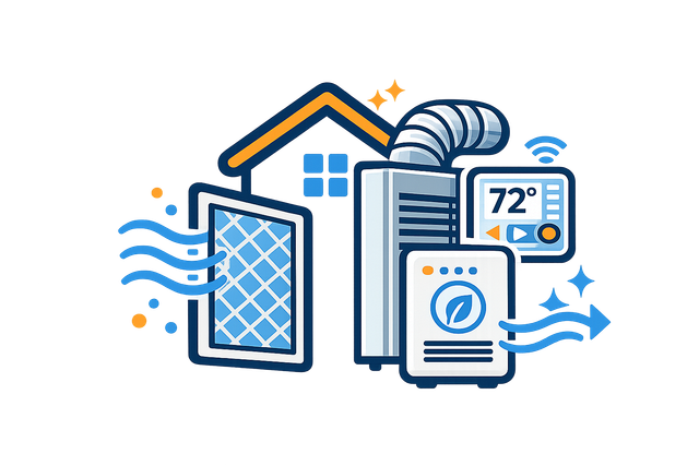 Illustration of home renovation tools, house, blueprint, and safety shield in blue and orange
