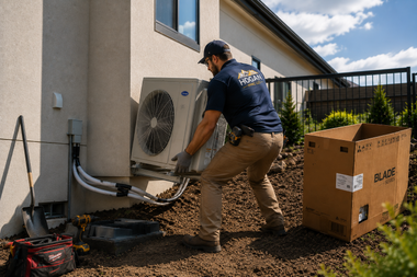 Technician installing an outdoor air conditioning unit beside a house, with tools and a cardboard box nearby