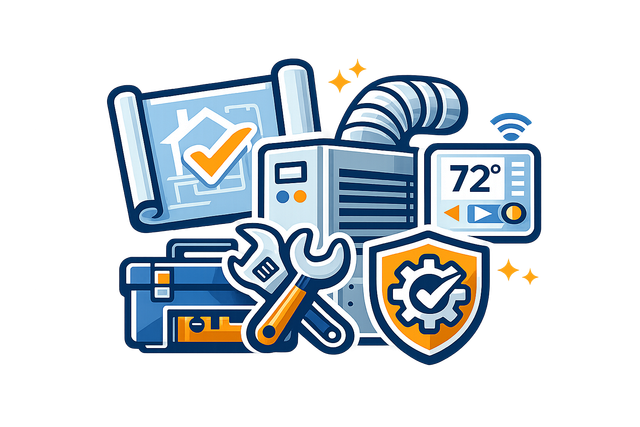 Blue HVAC tools and equipment icons with a thermostat reading 72° and a shield checkmark