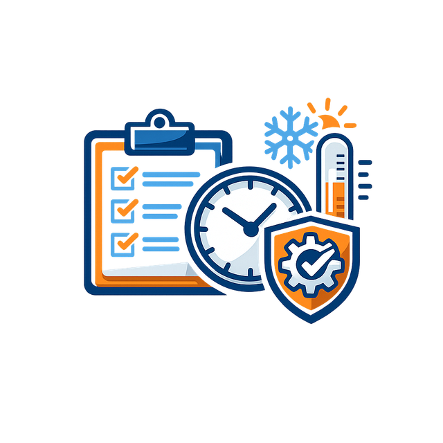 Clipboard checklist with clock, shield, snowflake, and thermometer, suggesting time and weather monitoring