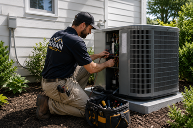 Technician kneeling beside outdoor HVAC unit, making repairs next to a house.