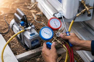 Technician using gauges to service an HVAC unit with hoses connected.